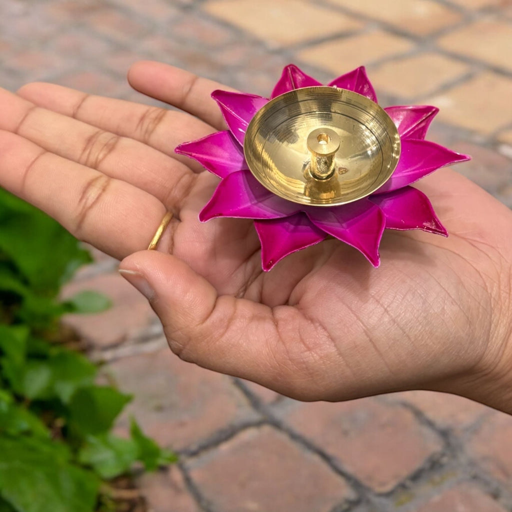 Brass Akhand Diya Set of 12 - Coloured Lotus Base Oil Diyas