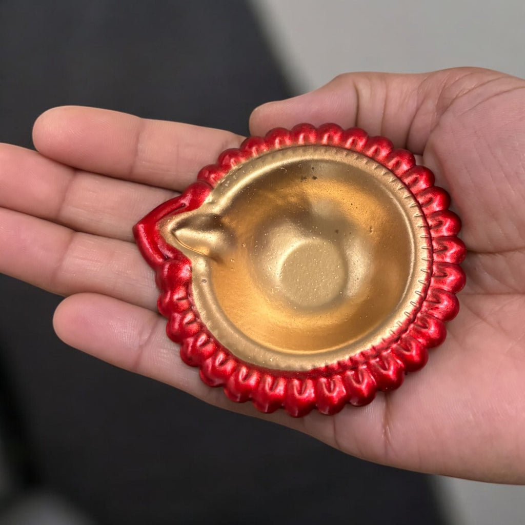 Colourful Metal Diya Set of 12 - 3in Red, Pink & Green Diyas