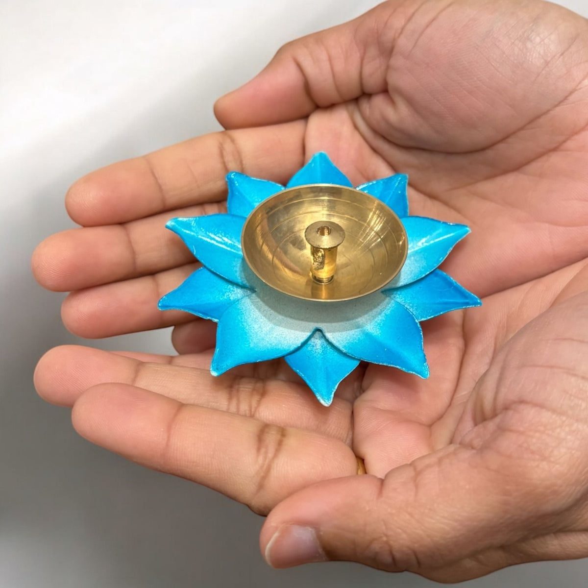 Brass Akhand Diya Set of 12 - Coloured Lotus Base Oil Diyas