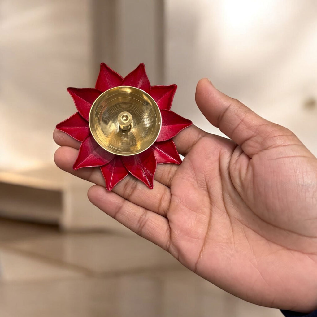 Brass Akhand Diya Set of 12 - Coloured Lotus Base Oil Diyas