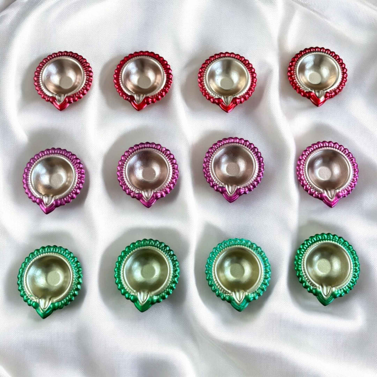 Colourful Metal Diya Set of 12 - 3in Red, Pink & Green Diyas