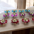 Brass Akhand Diya Set of 12 - Coloured Lotus Base Oil Diyas