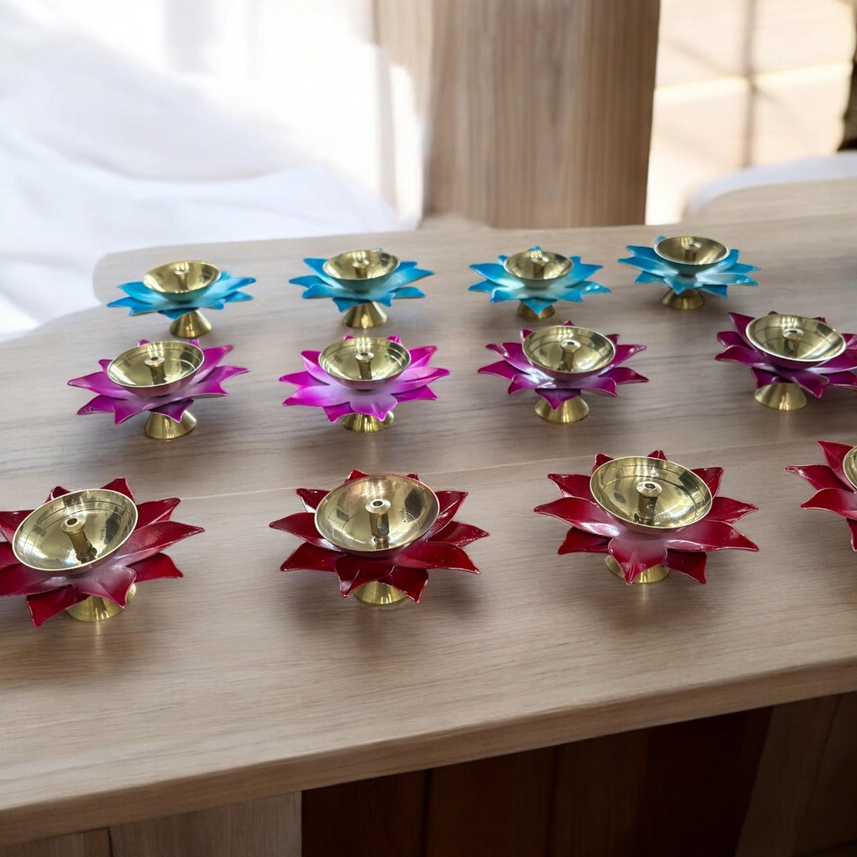 Brass Akhand Diya Set of 12 - Coloured Lotus Base Oil Diyas