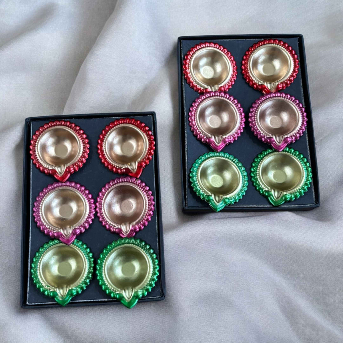 Colourful Metal Diya Set of 12 - 3in Red, Pink & Green Diyas