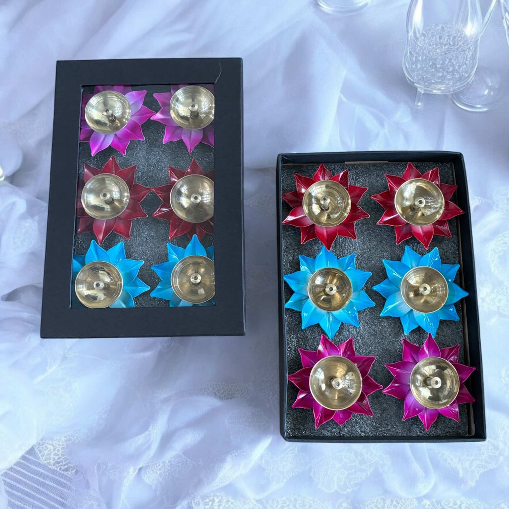 Brass Akhand Diya Set of 12 - Coloured Lotus Base Oil Diyas