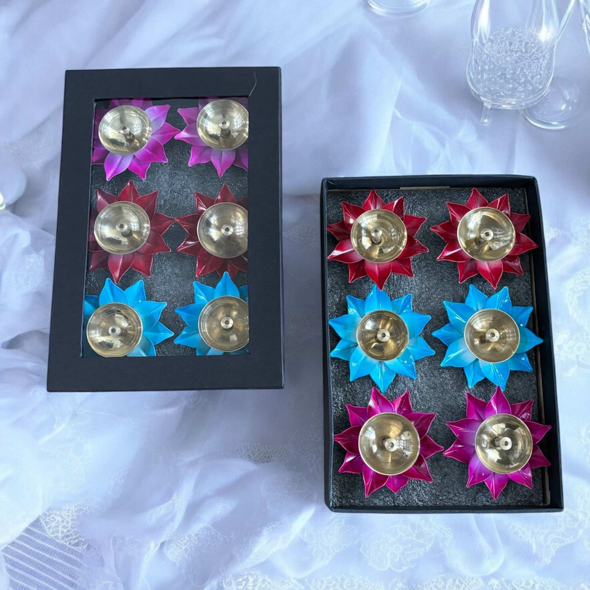 Brass Akhand Diya Set of 12 - Coloured Lotus Base Oil Diyas