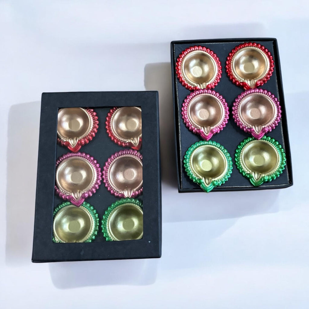 Colourful Metal Diya Set of 12 - 3in Red, Pink & Green Diyas