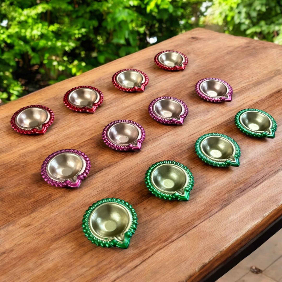 Colourful Metal Diya Set of 12 - 3in Red, Pink & Green Diyas