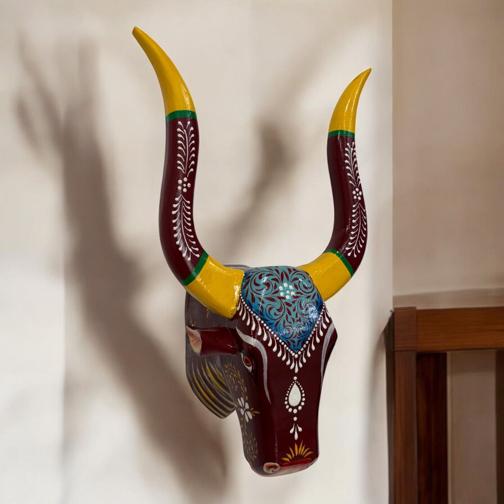 Hand-Carved Wooden Bull Head Wall Art – Farmhouse Longhorn