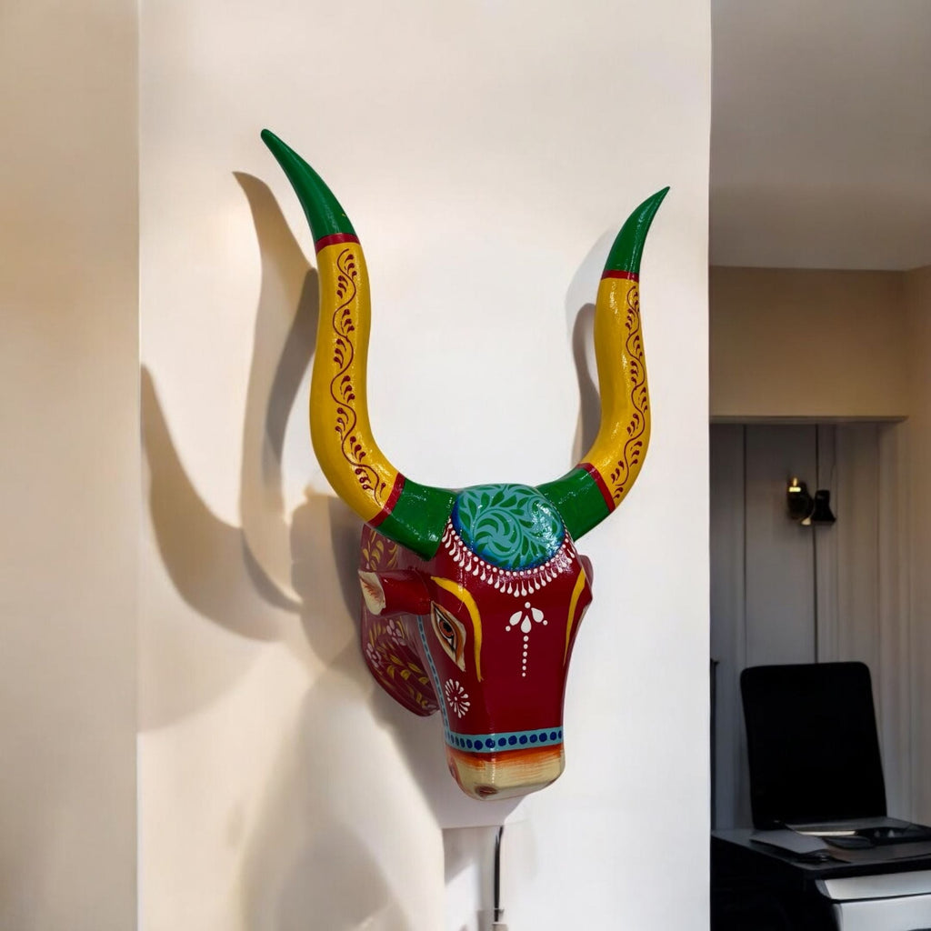 Hand-Carved Wooden Bull Head Wall Art – Farmhouse Longhorn