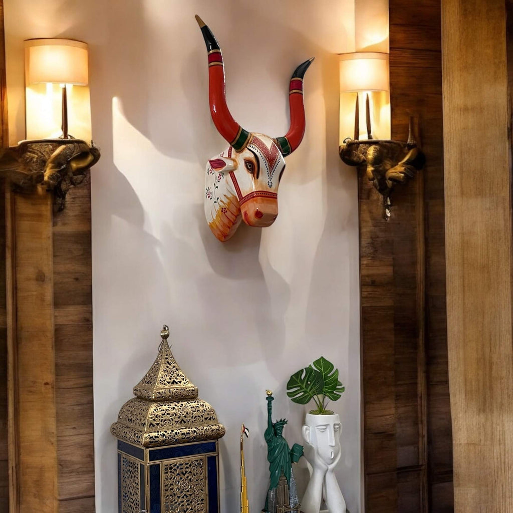 Hand-Carved Wooden Bull Head Wall Art – Farmhouse Longhorn