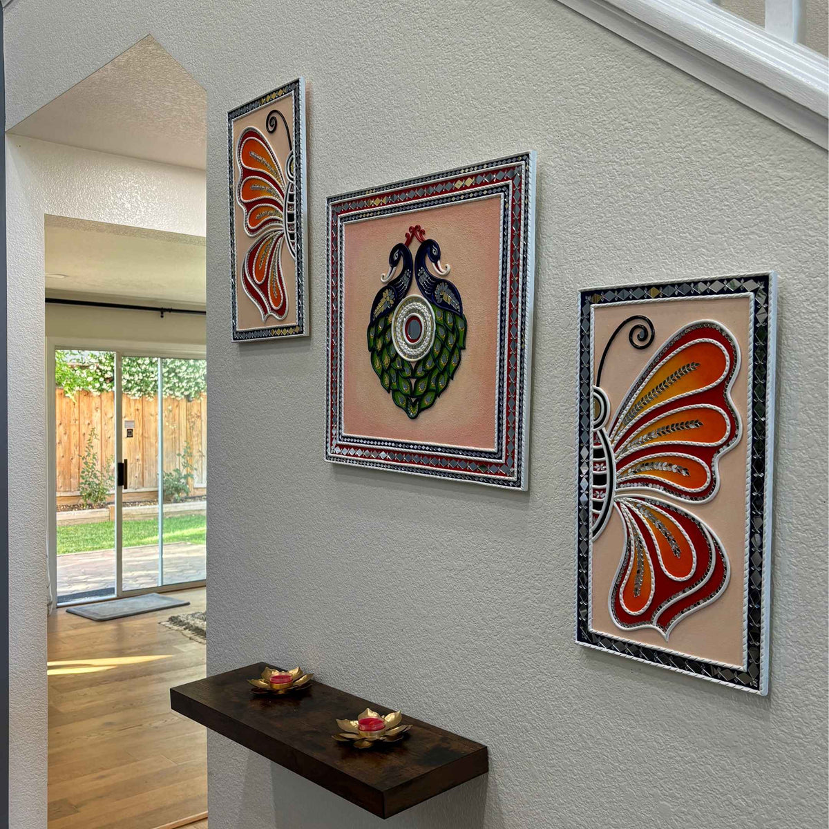 Butterfly & Peacock Lippan Wall Art Set - 3 Mirror Panels