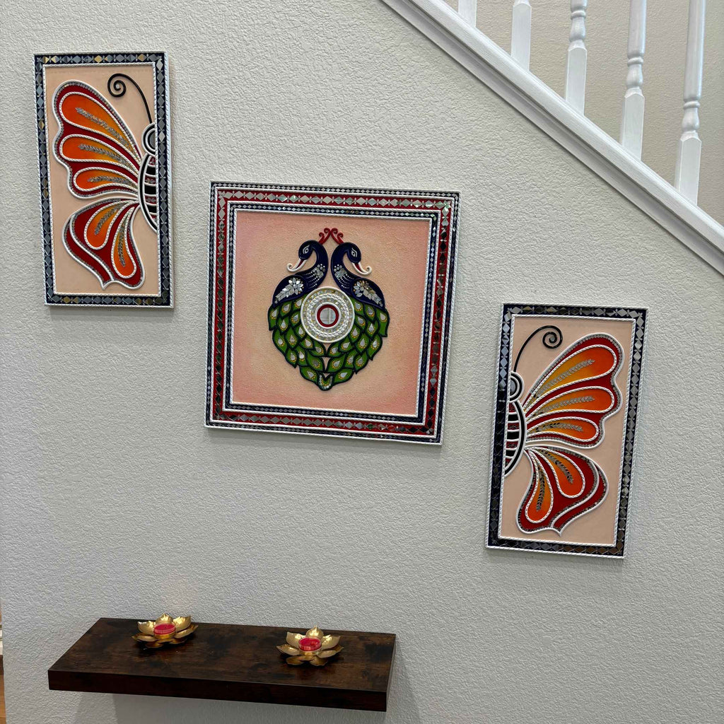 Butterfly & Peacock Lippan Wall Art Set - 3 Mirror Panels