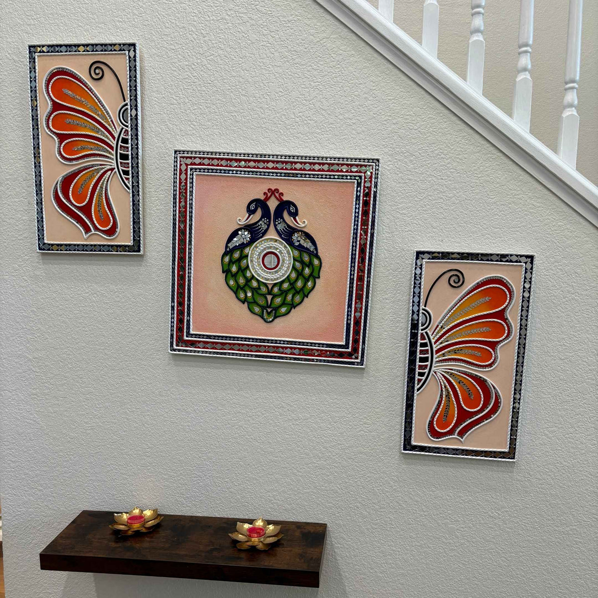 Butterfly & Peacock Lippan Wall Art Set - 3 Mirror Panels