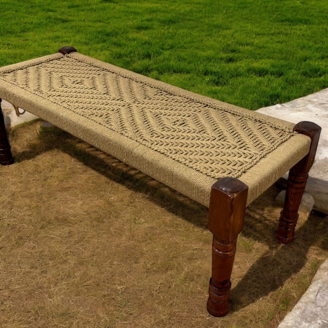 Charpai Bench & Stool - Handwoven Jute, Mango Wood