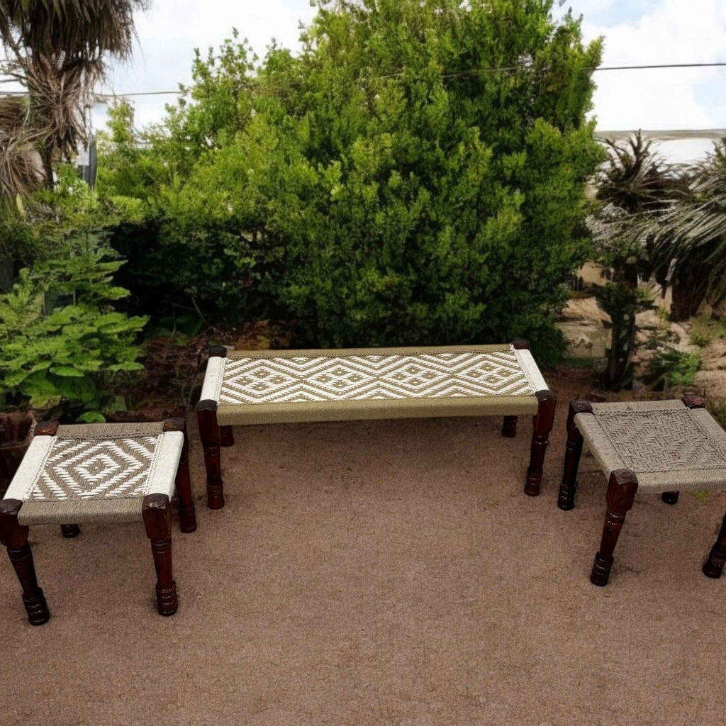Charpai Bench & Stool - Handwoven Jute, Mango Wood