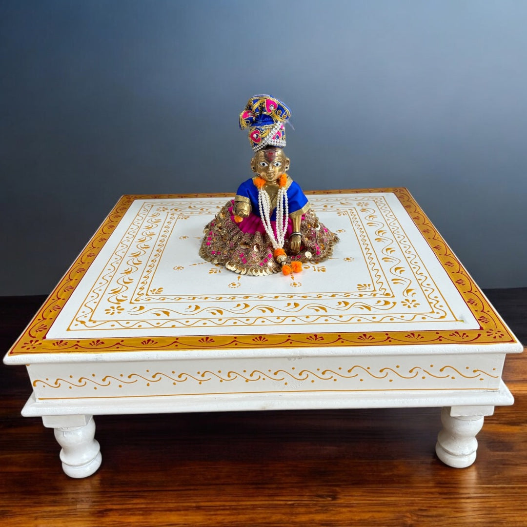 Wooden White Pooja Chowki - 18x18x6.5-Inches Gold Border Bajot