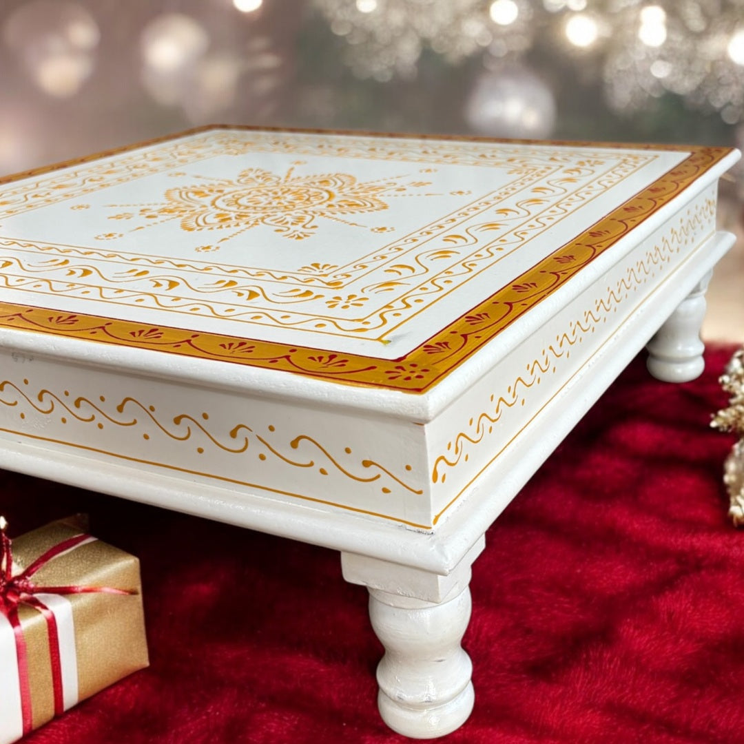 Wooden White Pooja Chowki - 18x18x6.5-Inches Gold Border Bajot