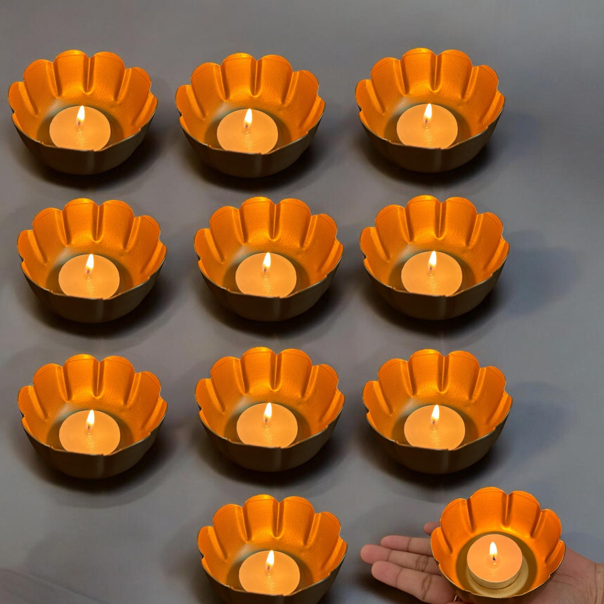 Kamal Utsav T-Light Holder Set of 10 - Deep Gold Metal Diyas