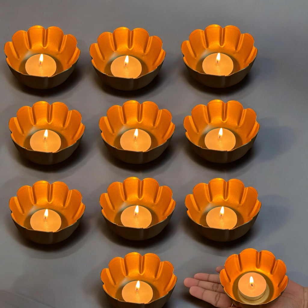 Kamal Utsav T-Light Holder Set of 10 - Deep Gold Metal Diyas