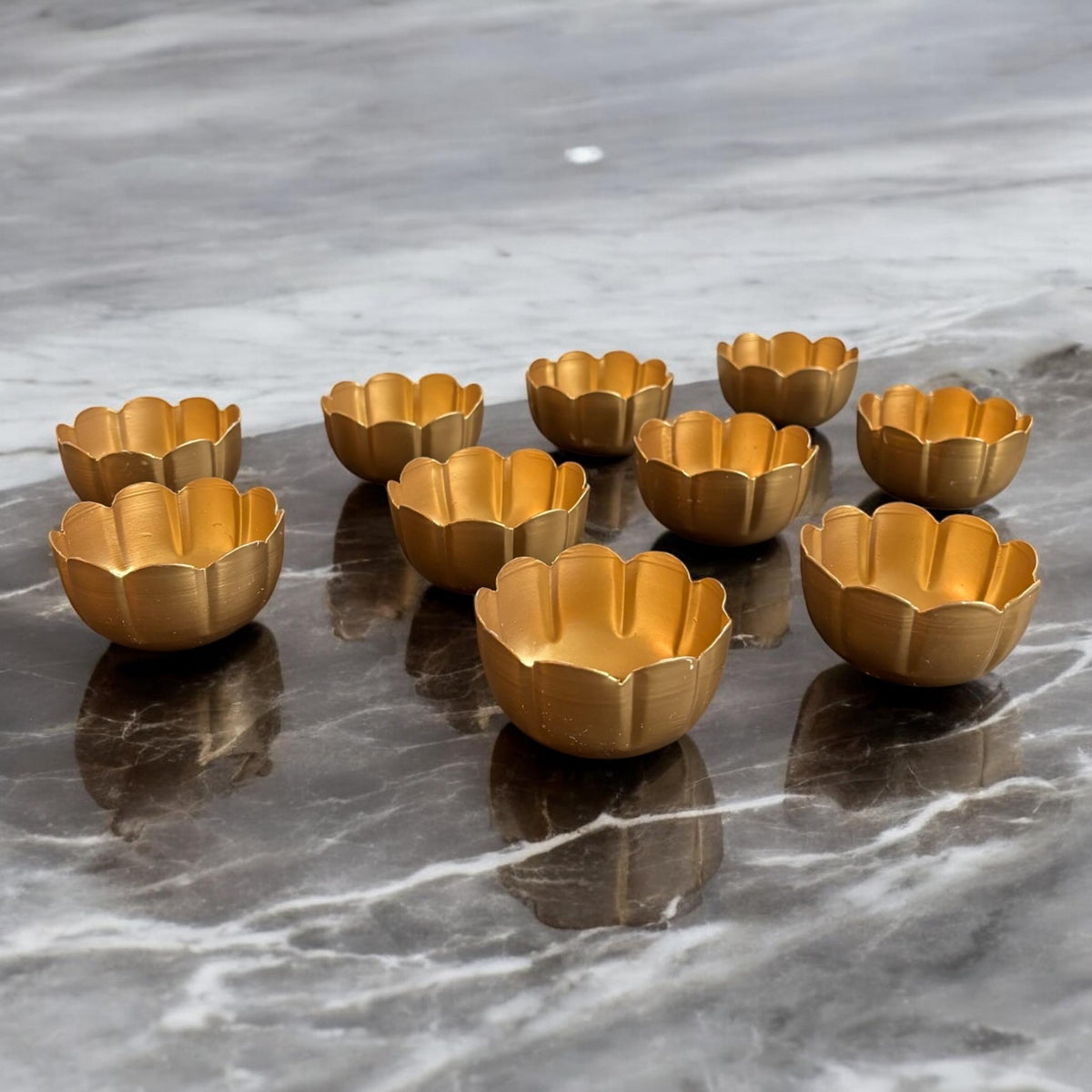 Kamal Utsav T-Light Holder Set of 10 - Deep Gold Metal Diyas