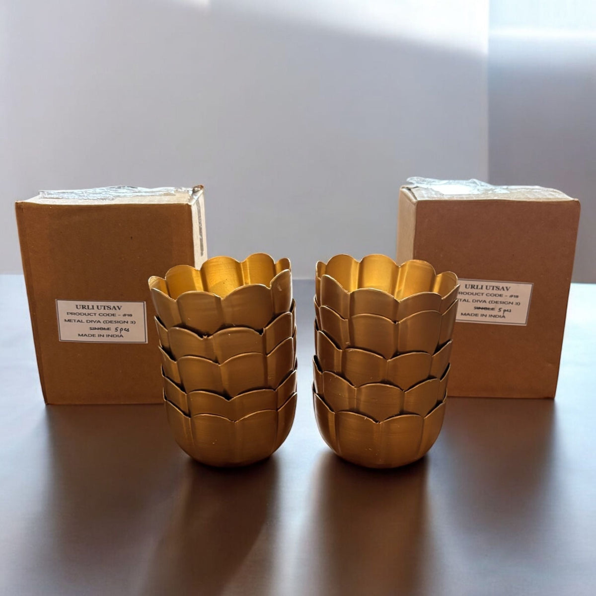 Kamal Utsav T-Light Holder Set of 10 - Deep Gold Metal Diyas