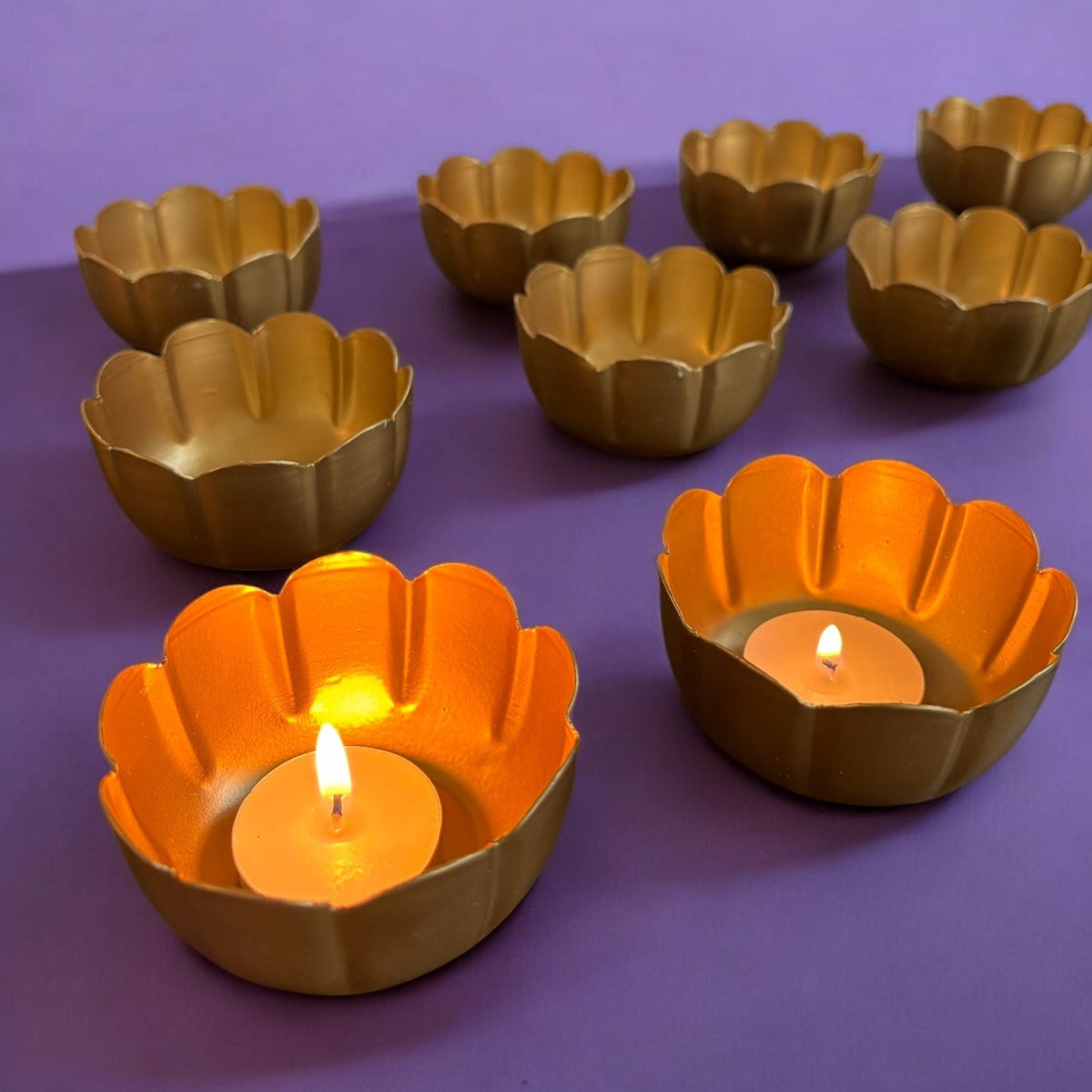 Kamal Utsav T-Light Holder Set of 10 - Deep Gold Metal Diyas