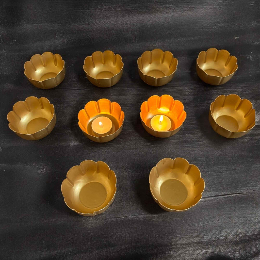 Kamal Utsav T-Light Holder Set of 10 - Deep Gold Metal Diyas