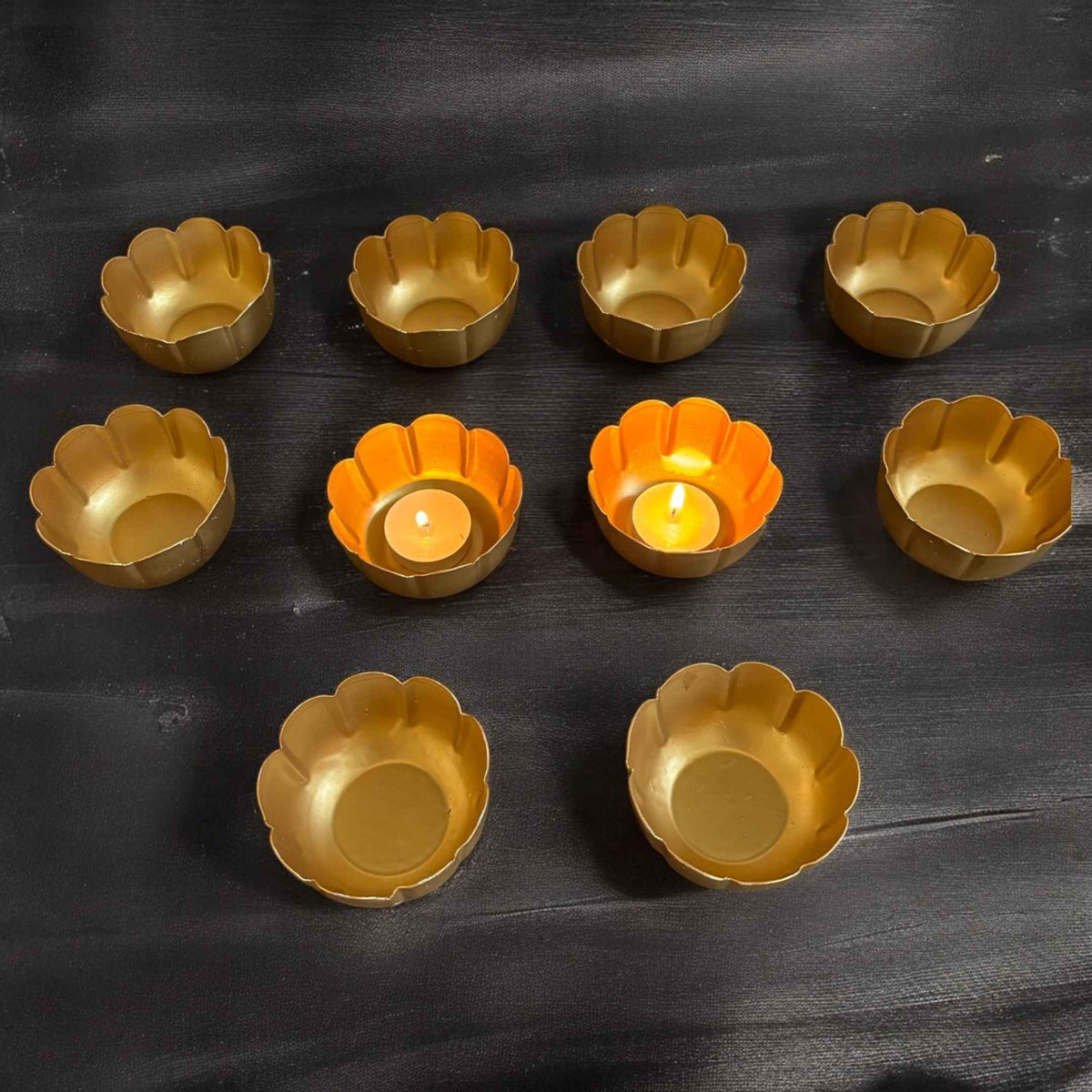 Kamal Utsav T-Light Holder Set of 10 - Deep Gold Metal Diyas
