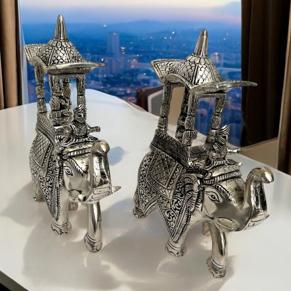 Walking Ambabari Elephant | 10-Inches Antique Silver Set