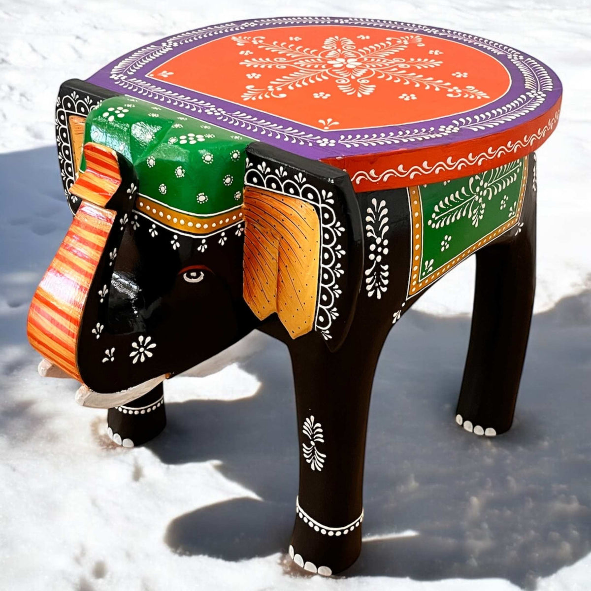 Elephant Stool Side Table - Black & Orange Hand-Painted