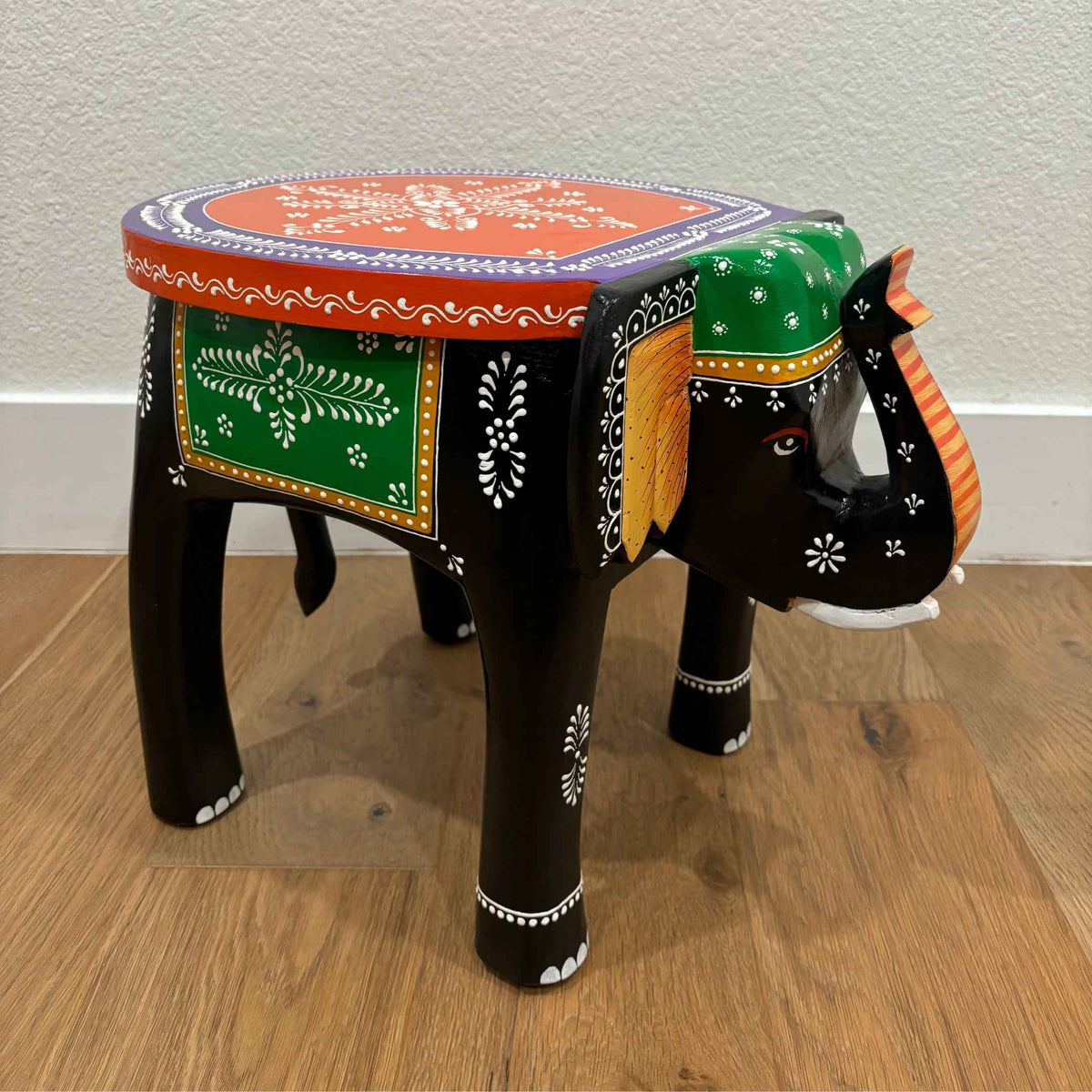 Elephant Stool Side Table - Black & Orange Hand-Painted