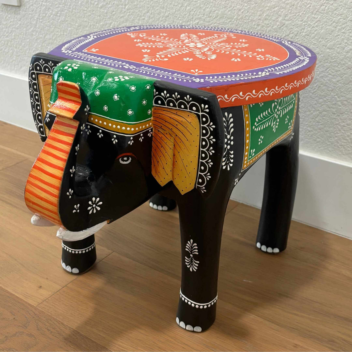 Elephant Stool Side Table - Black & Orange Hand-Painted