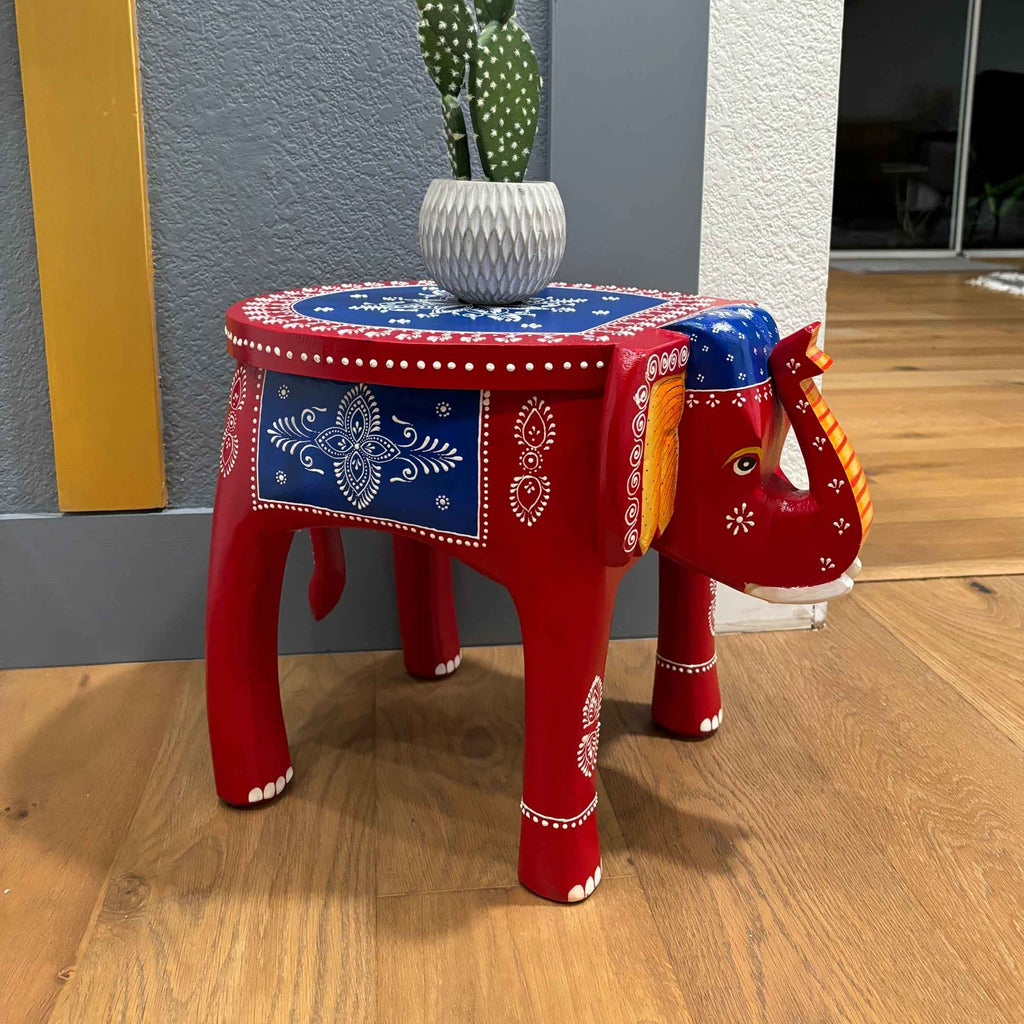 Elephant Stool Side Table - Red & Blue Hand-Painted