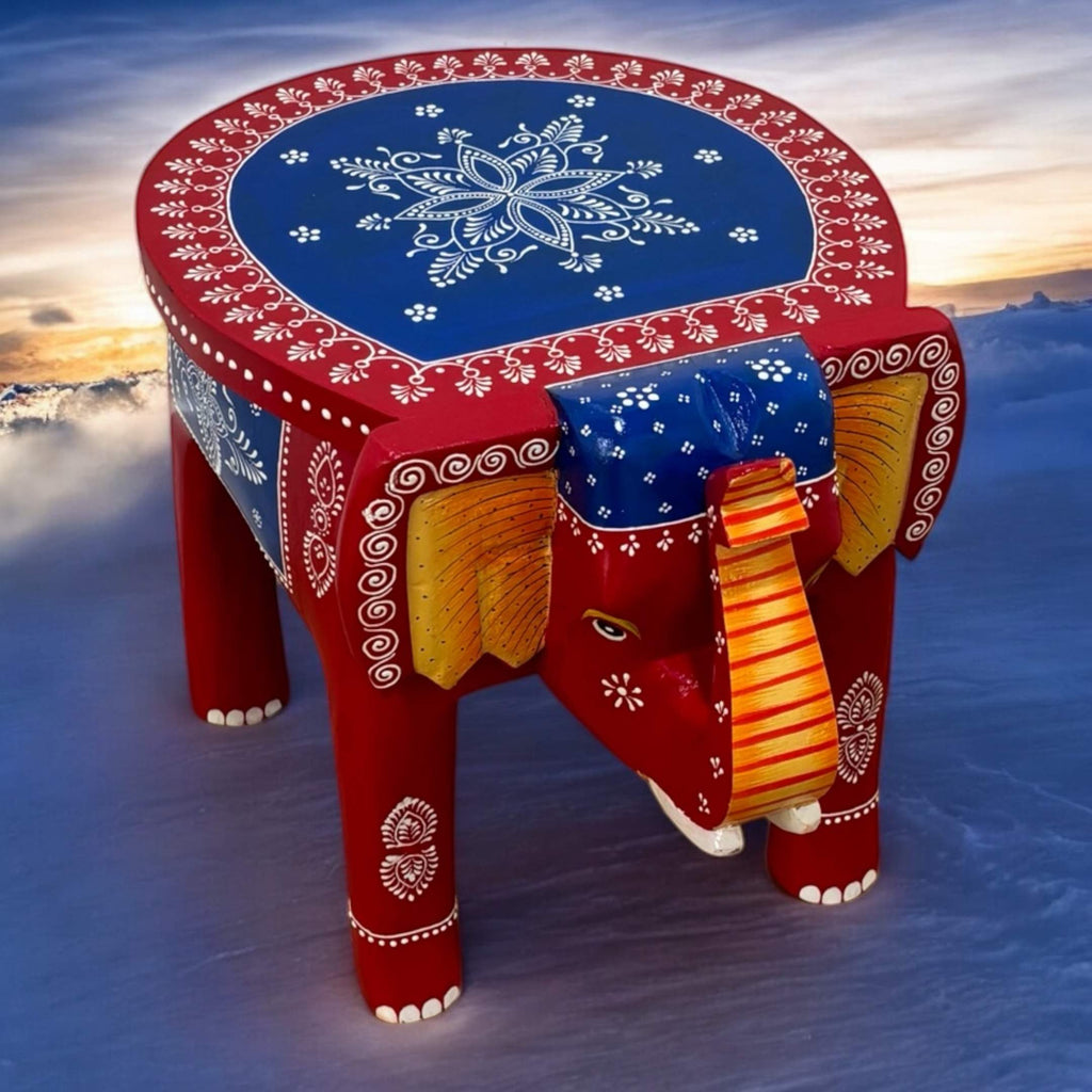 Elephant Stool Side Table - Red & Blue Hand-Painted