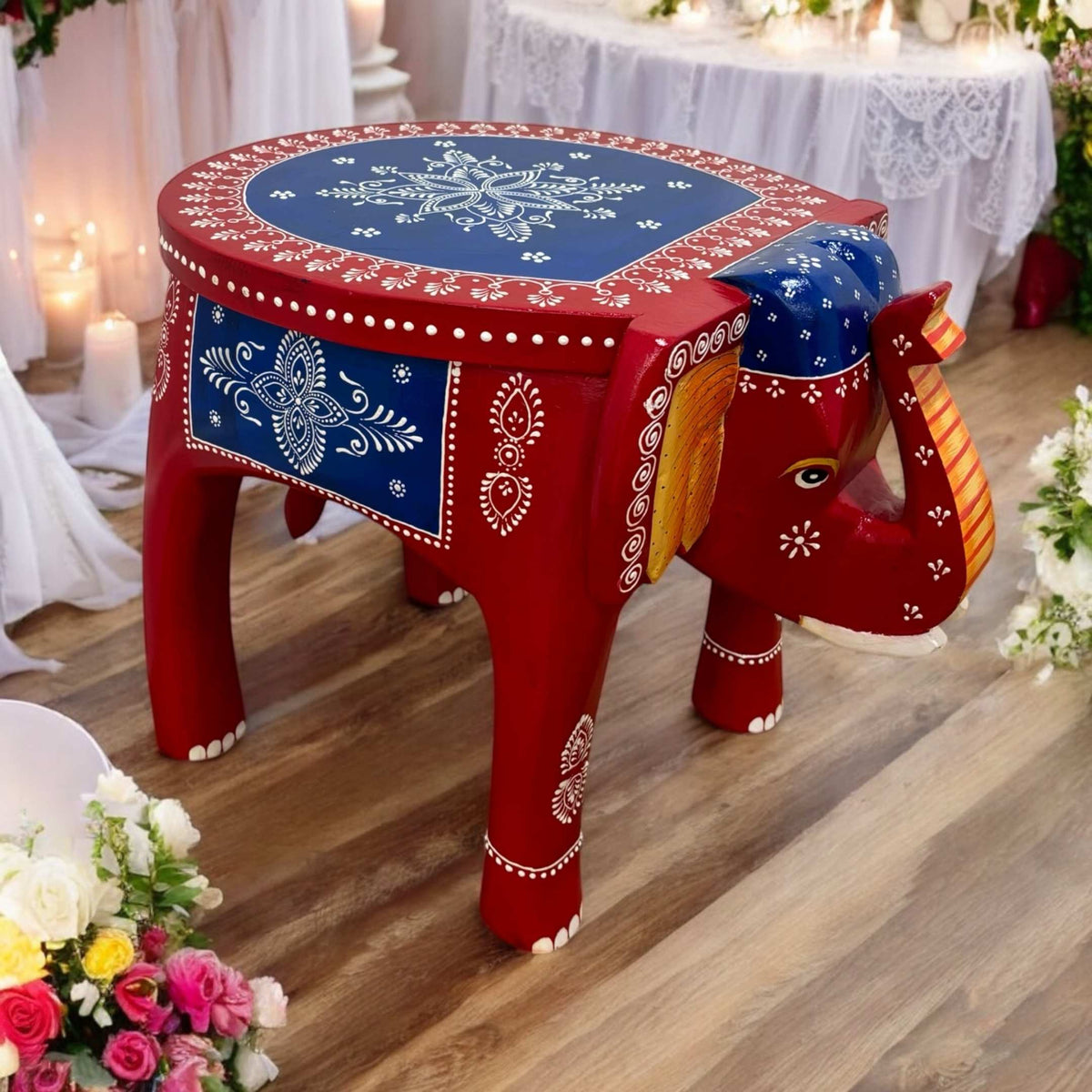 Elephant Stool Side Table - Red & Blue Hand-Painted