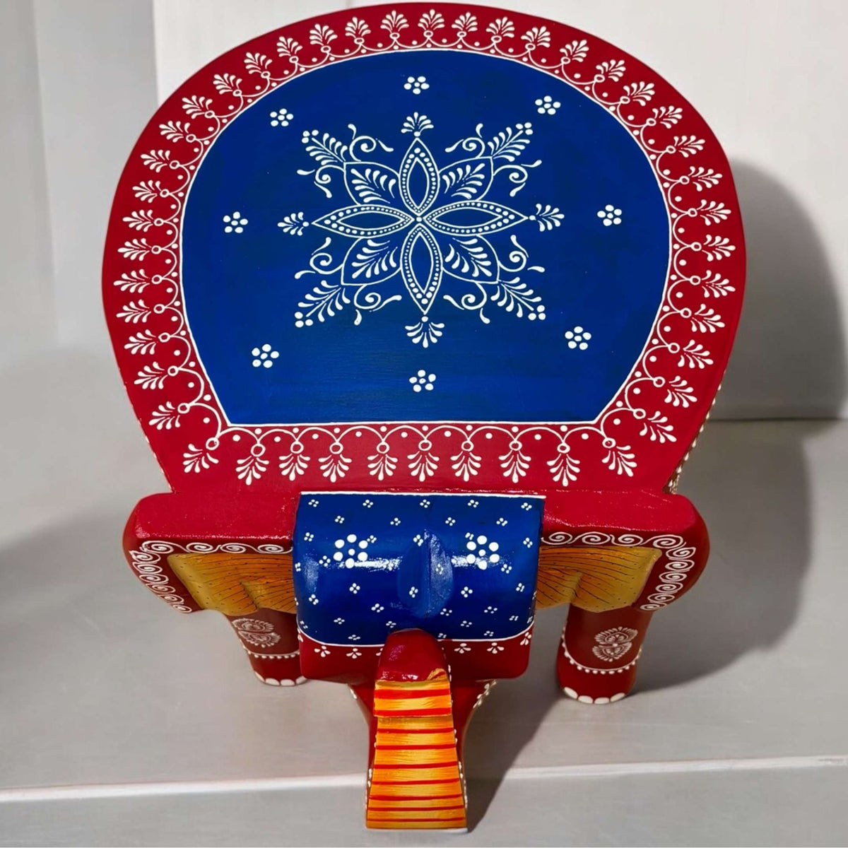 Elephant Stool Side Table - Red & Blue Hand-Painted