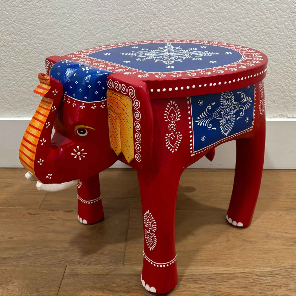 Elephant Stool Side Table - Red & Blue Hand-Painted
