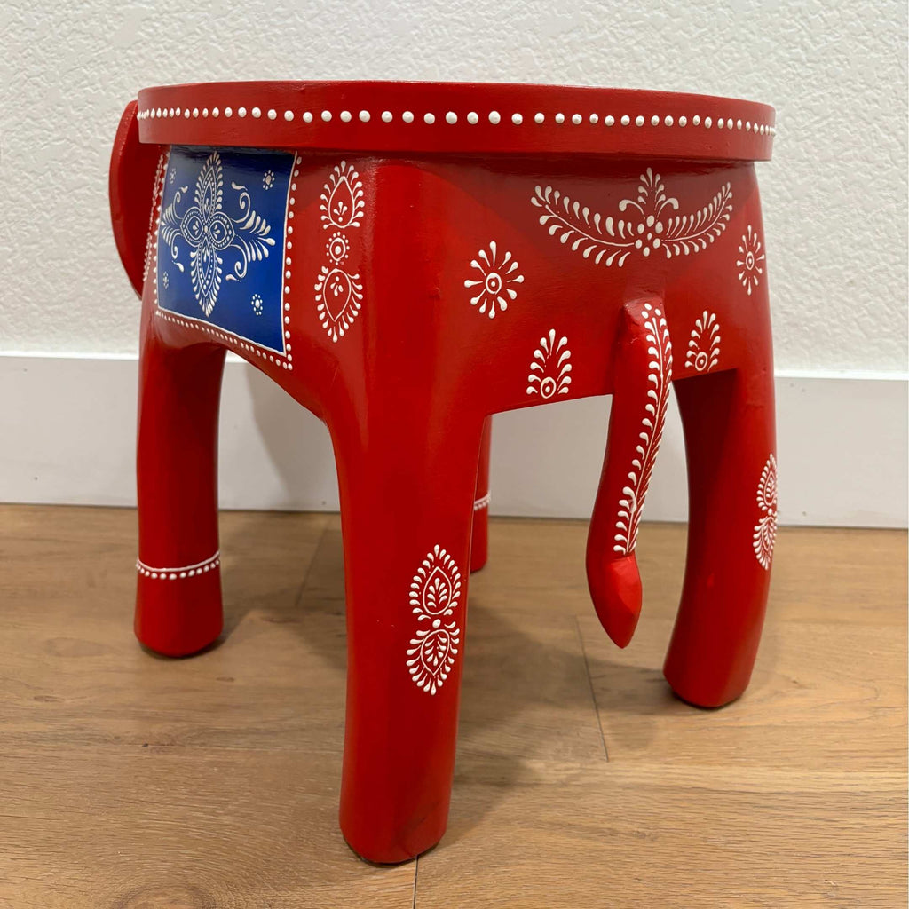 Elephant Stool Side Table - Red & Blue Hand-Painted