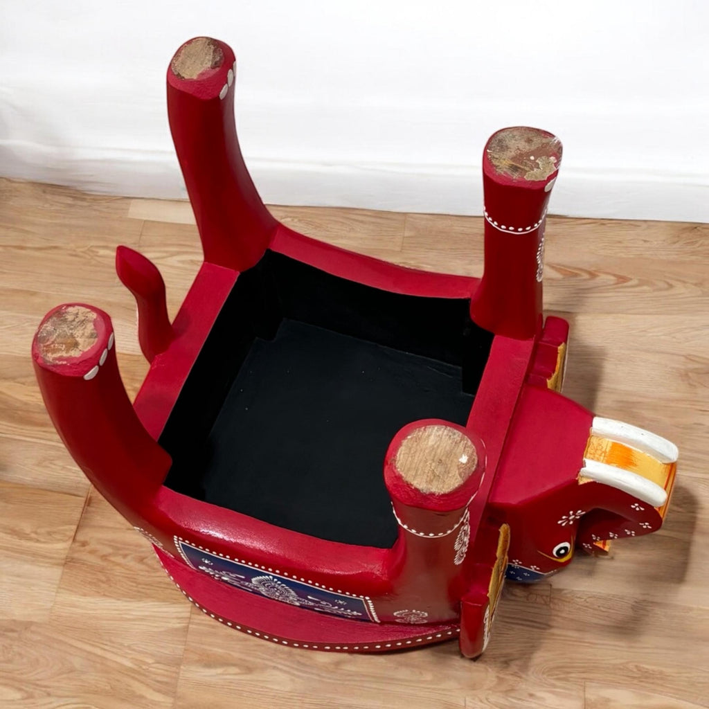 Elephant Stool Side Table - Red & Blue Hand-Painted
