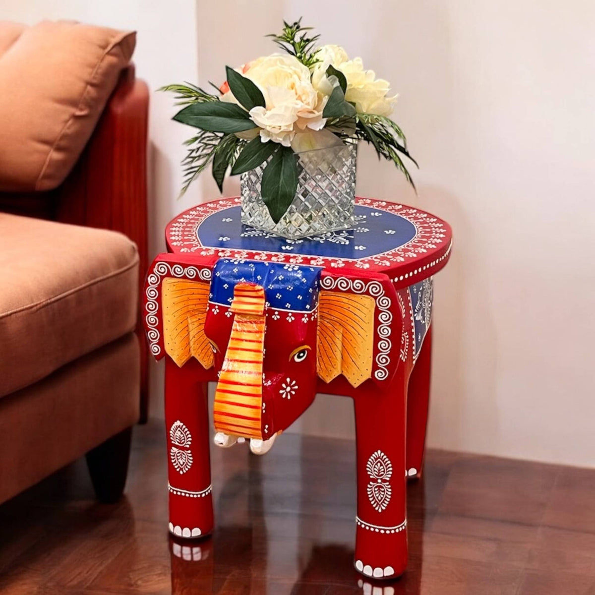 Elephant Stool Side Table - Red & Blue Hand-Painted