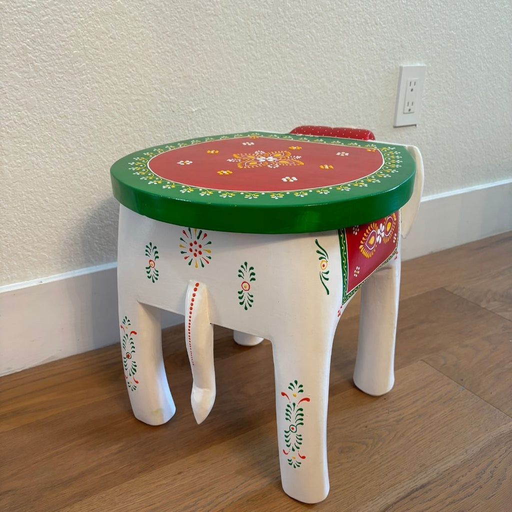 Elephant Stool Side Table - White & Red Hand-Painted