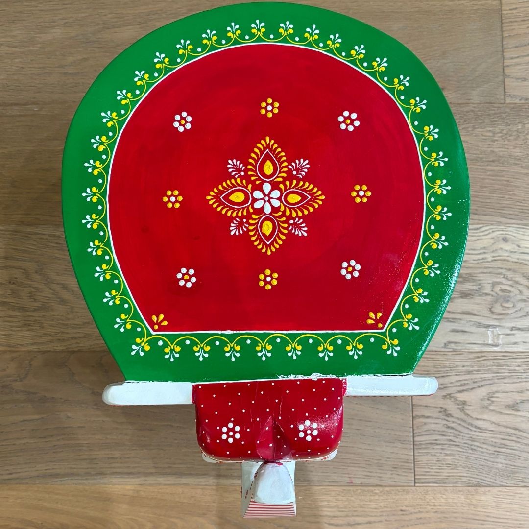 Elephant Stool Side Table - White & Red Hand-Painted