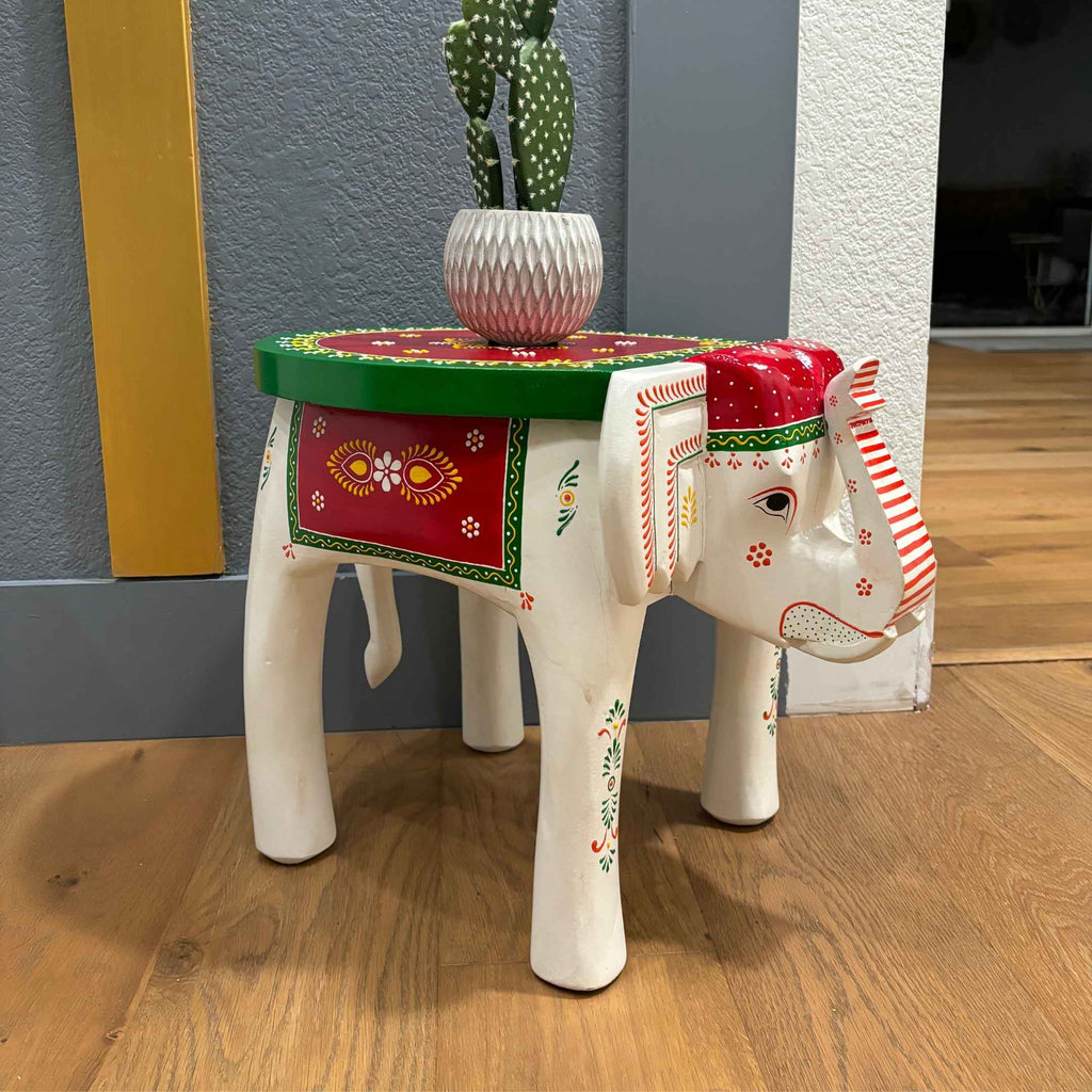 Elephant Stool Side Table - White & Red Hand-Painted