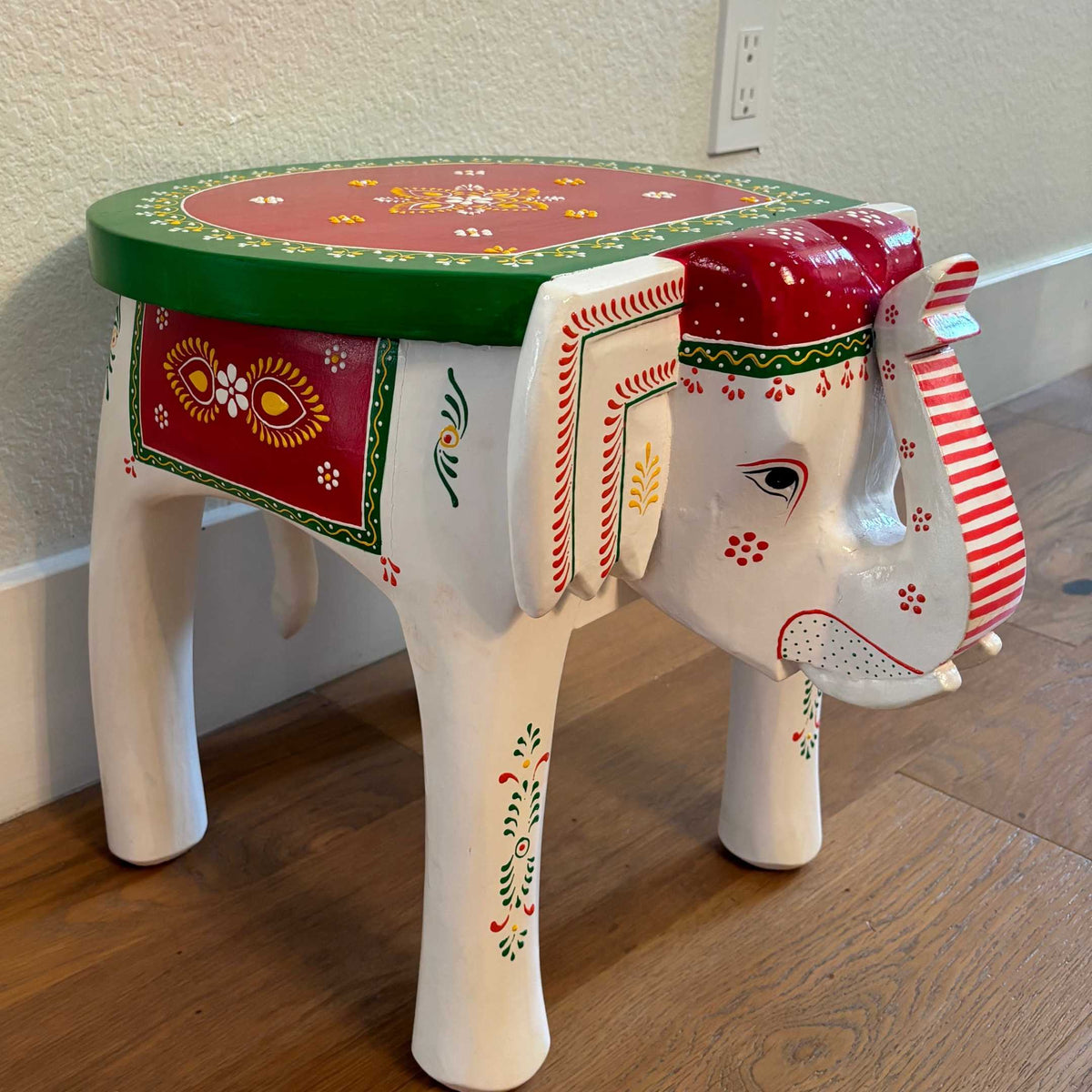 Elephant Stool Side Table - White & Red Hand-Painted