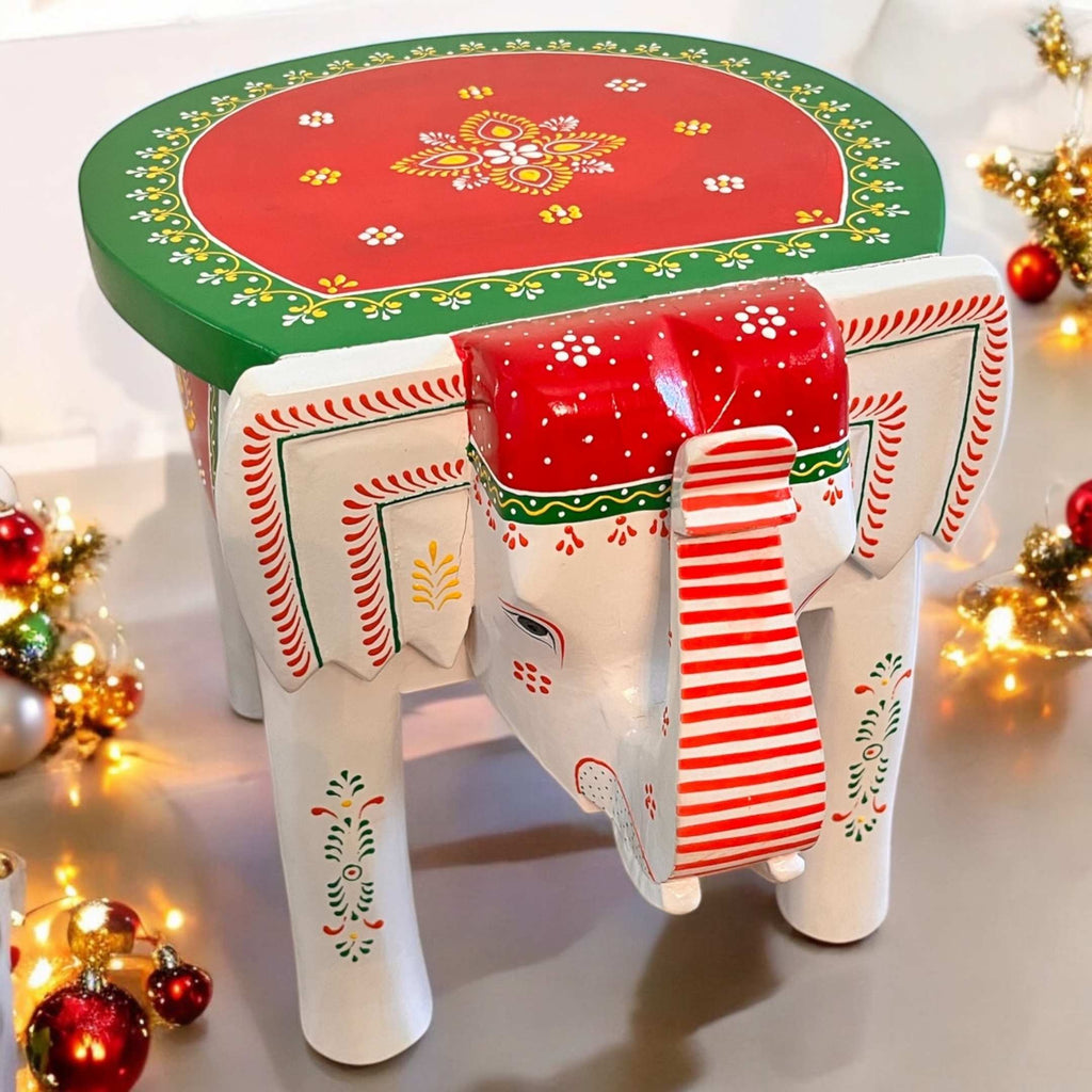 Elephant Stool Side Table - White & Red Hand-Painted