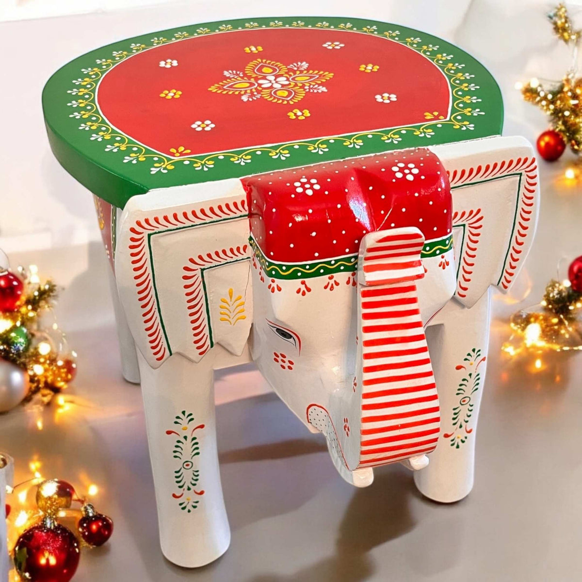Elephant Stool Side Table - White & Red Hand-Painted