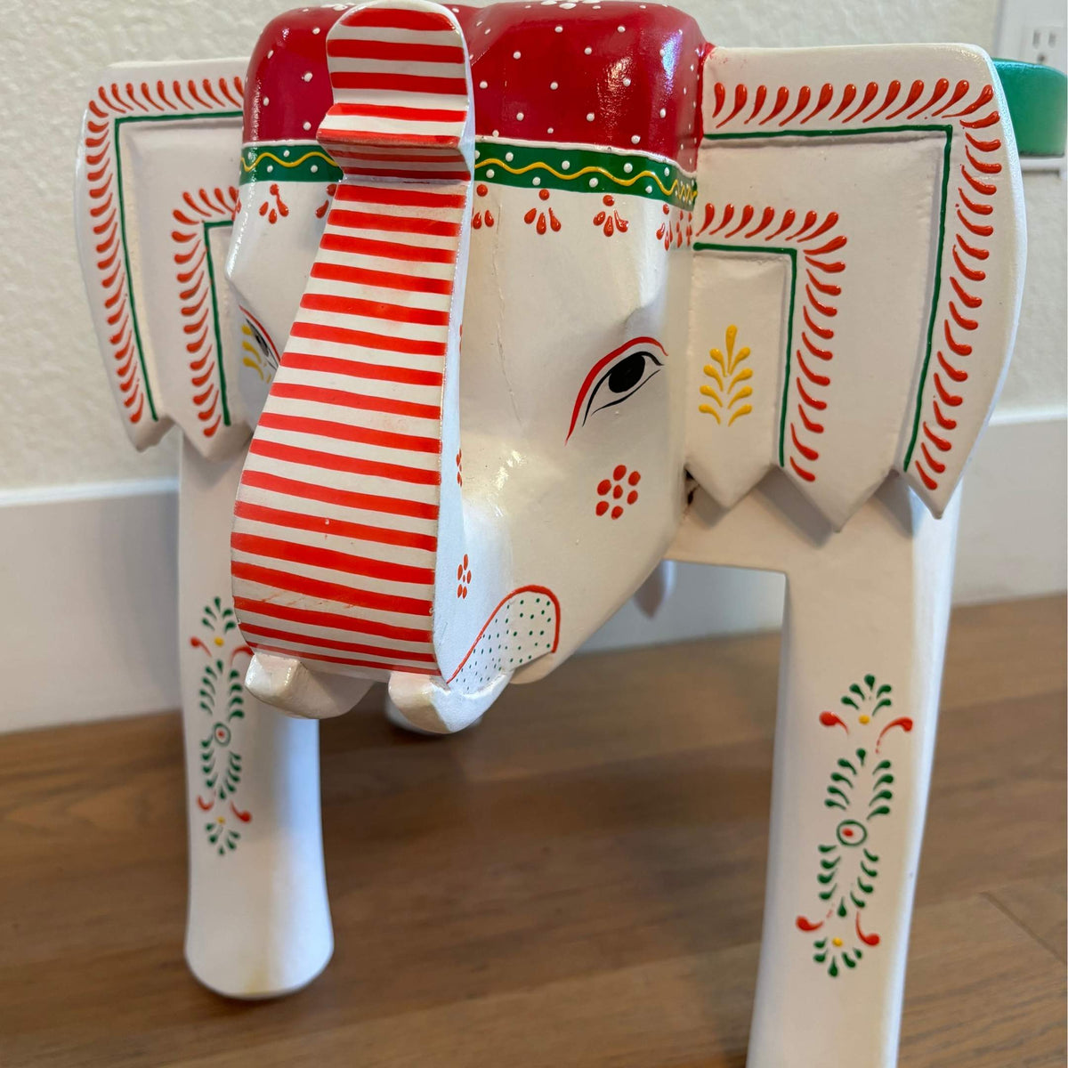 Elephant Stool Side Table - White & Red Hand-Painted