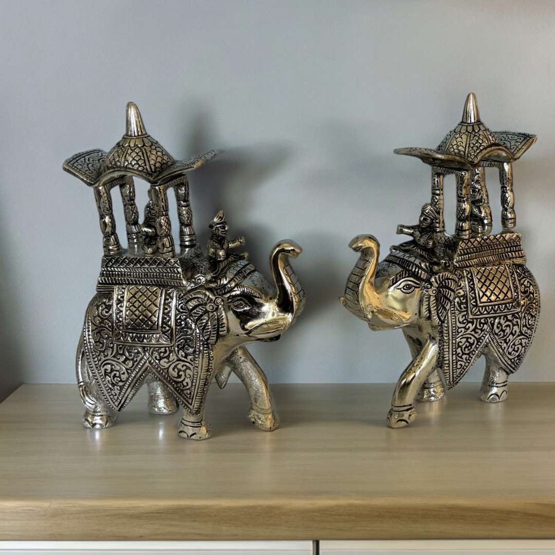 Walking Ambabari Elephant | 10-Inches Antique Silver Set