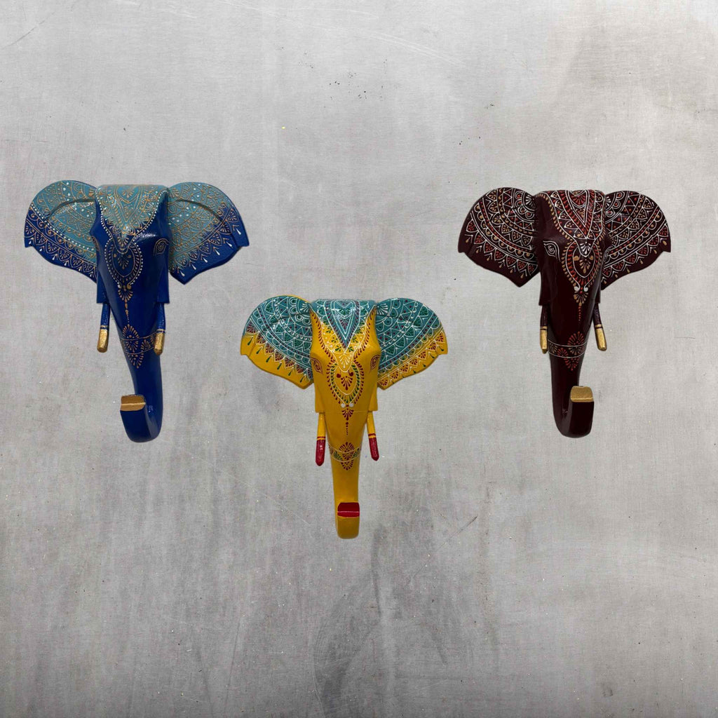 Wooden Elephant Head Wall Art - 17-Inch Hand-Carved, 6 Colours